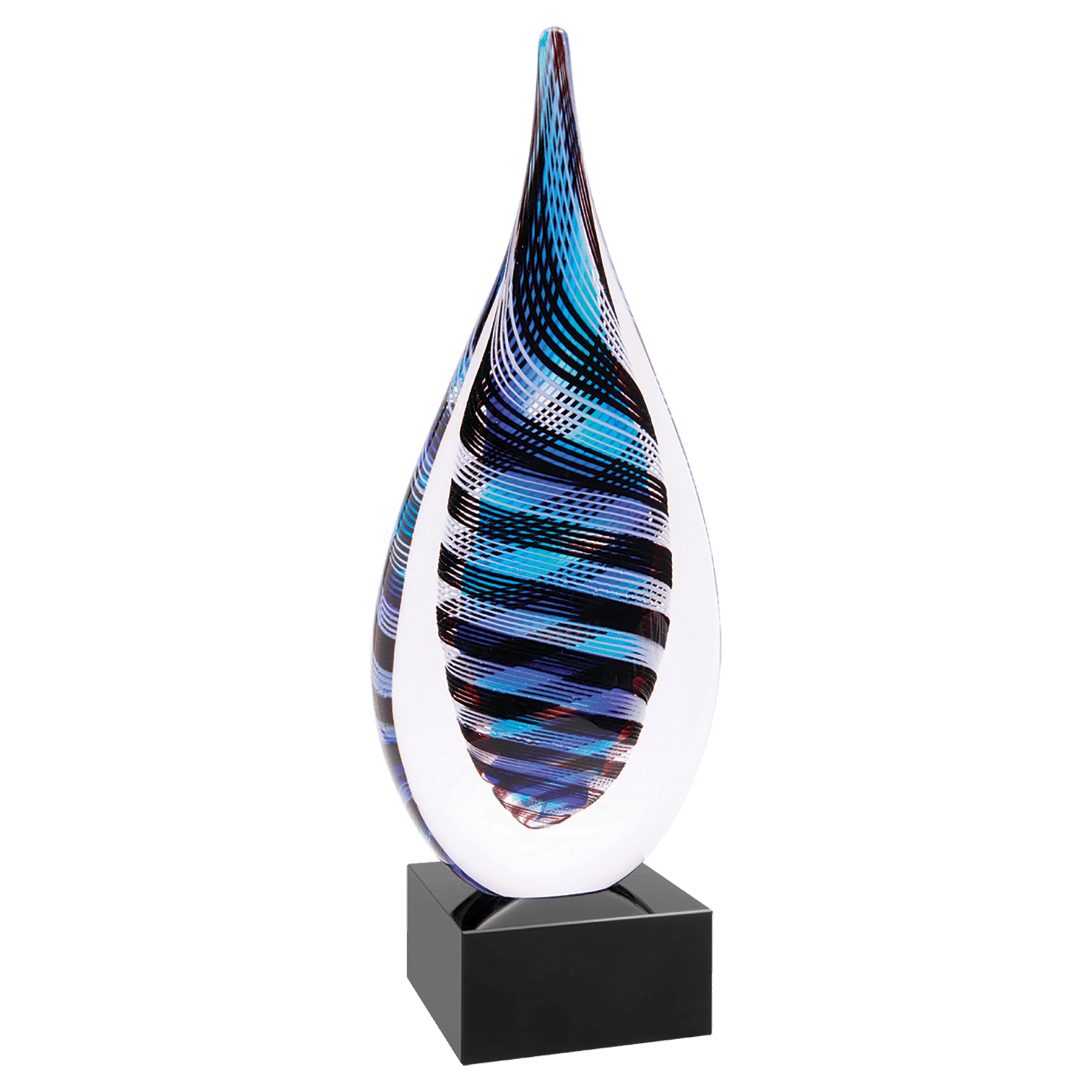 Blue, White, and Black Twisted Raindrop Art Glass