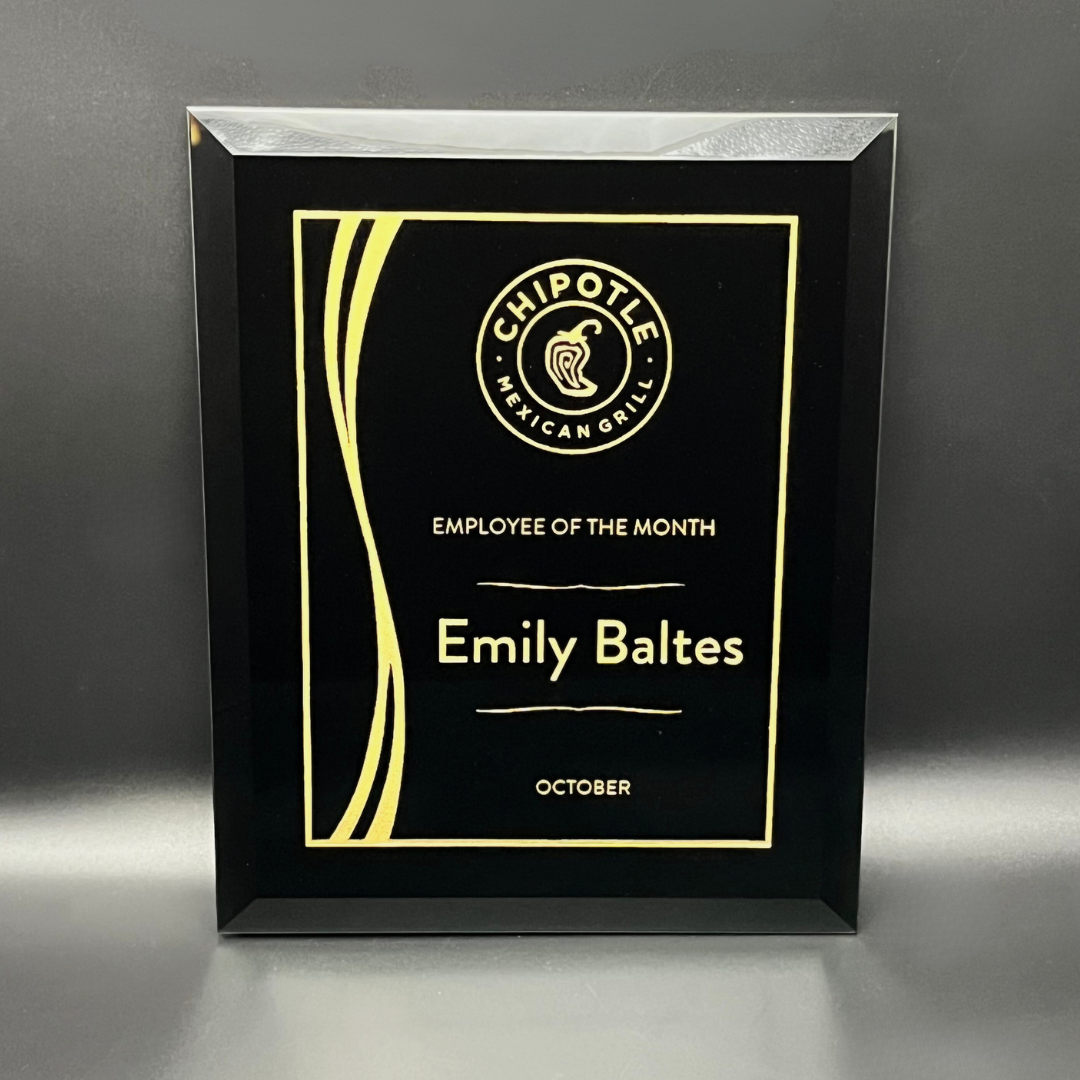 Black Glass Mirror Plaque with Etch and Color Fill