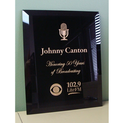 Black Glass Mirror Plaque with Etch and Color Fill